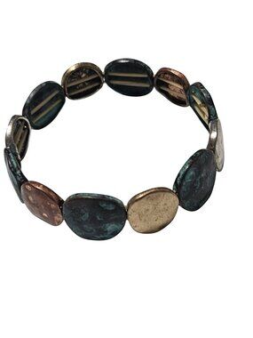 Mixed Metal Tone Stretch Bracelet Green Patina Discs Rustic Boho Art to Wear